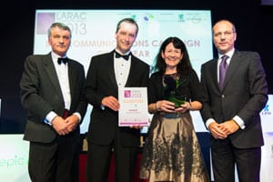 Surreys work on furniture reuse won the Best Communications award. Pictured are (l-r) Colin Kirkby, executive officer, Larac; Surrey winning team; and Federico Deosena of sponsor UPM.